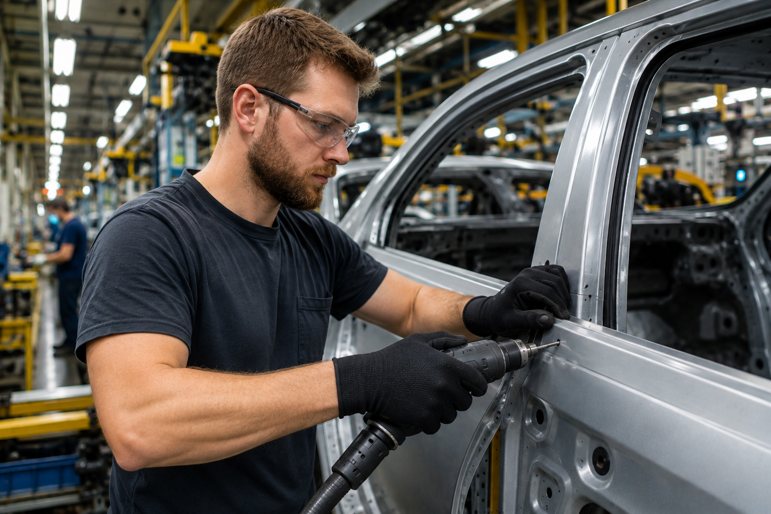 Worker wearing black gloves in an auto assembly factory