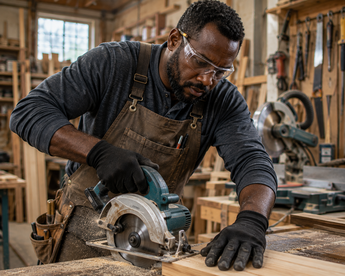 Carpenter wearing black gloves while cutting wood