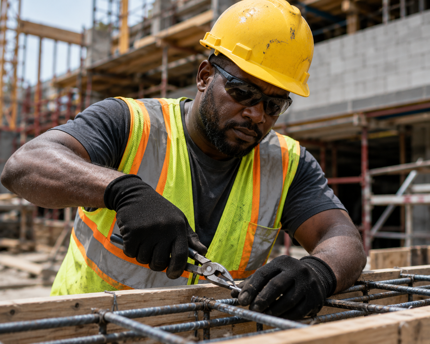 Construction worker wearing black gloves while handling rebar
