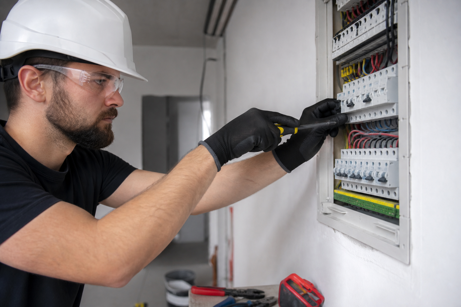 Electrician wearing black gloves while working on an electrical panel