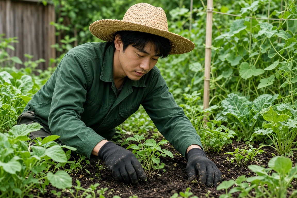 Gardener wearing black gloves while working in a vegetable garden
