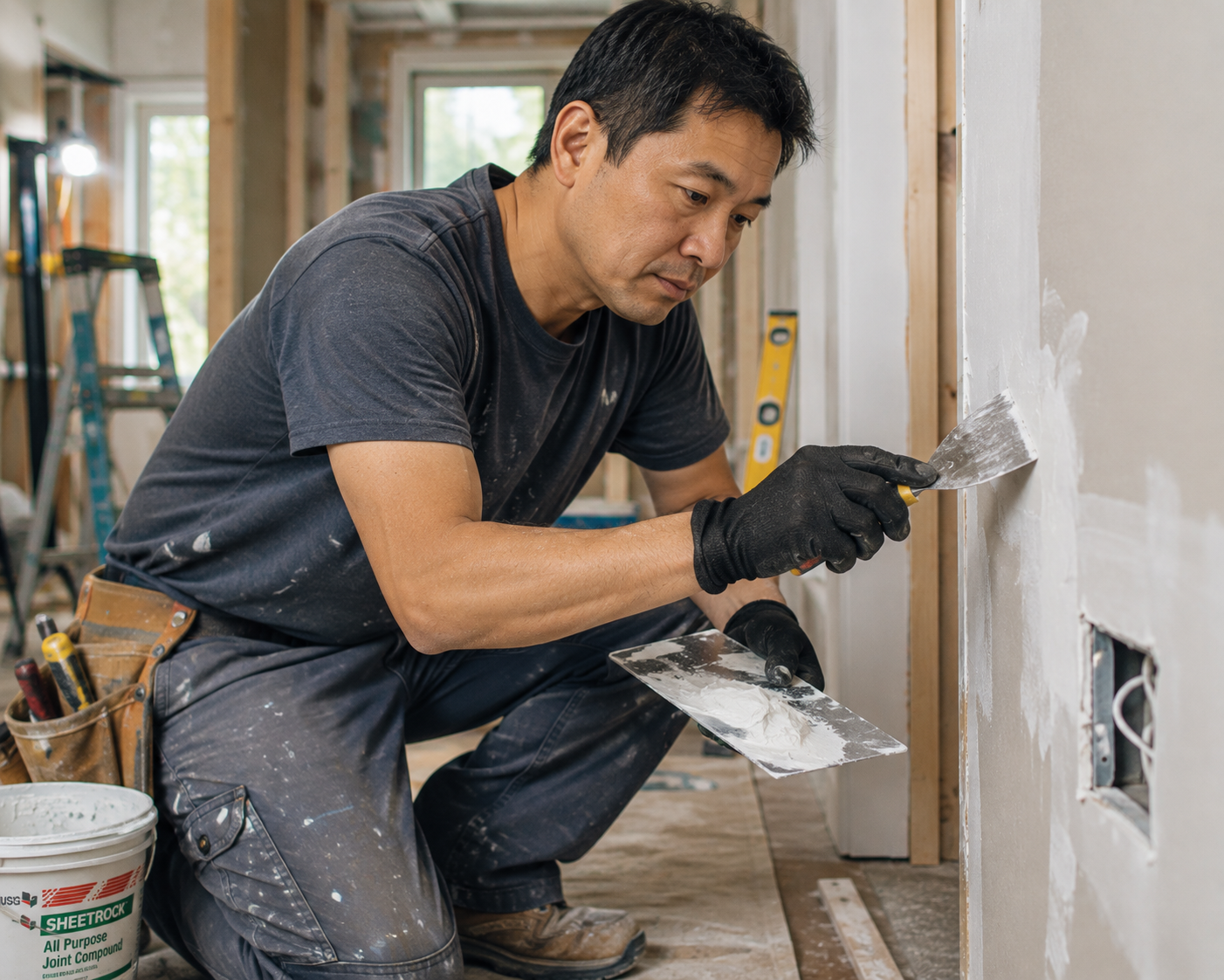 Home repair worker wearing black gloves while finishing drywall