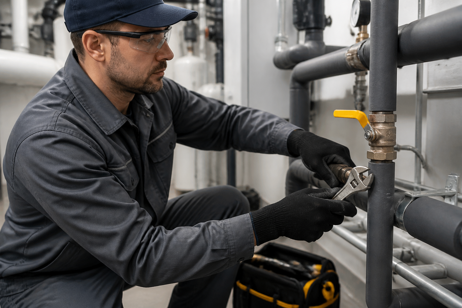 Facility maintenance worker wearing black gloves while adjusting utility pipes