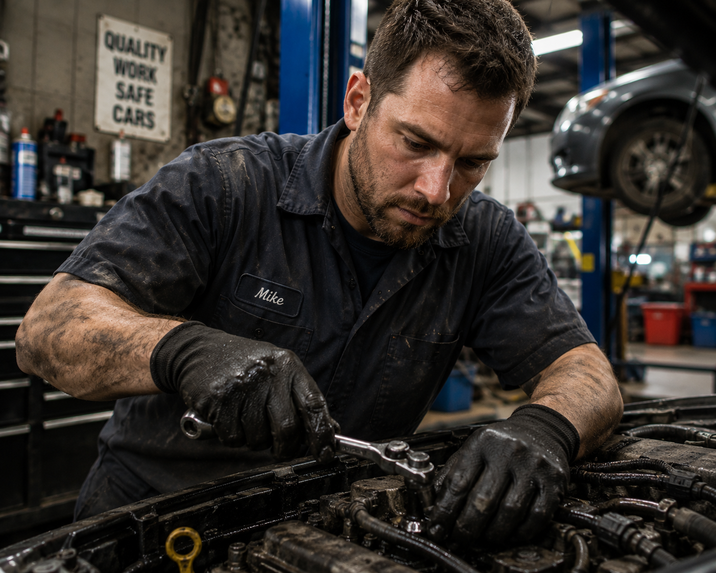 Mechanic wearing black gloves while repairing a vehicle engine