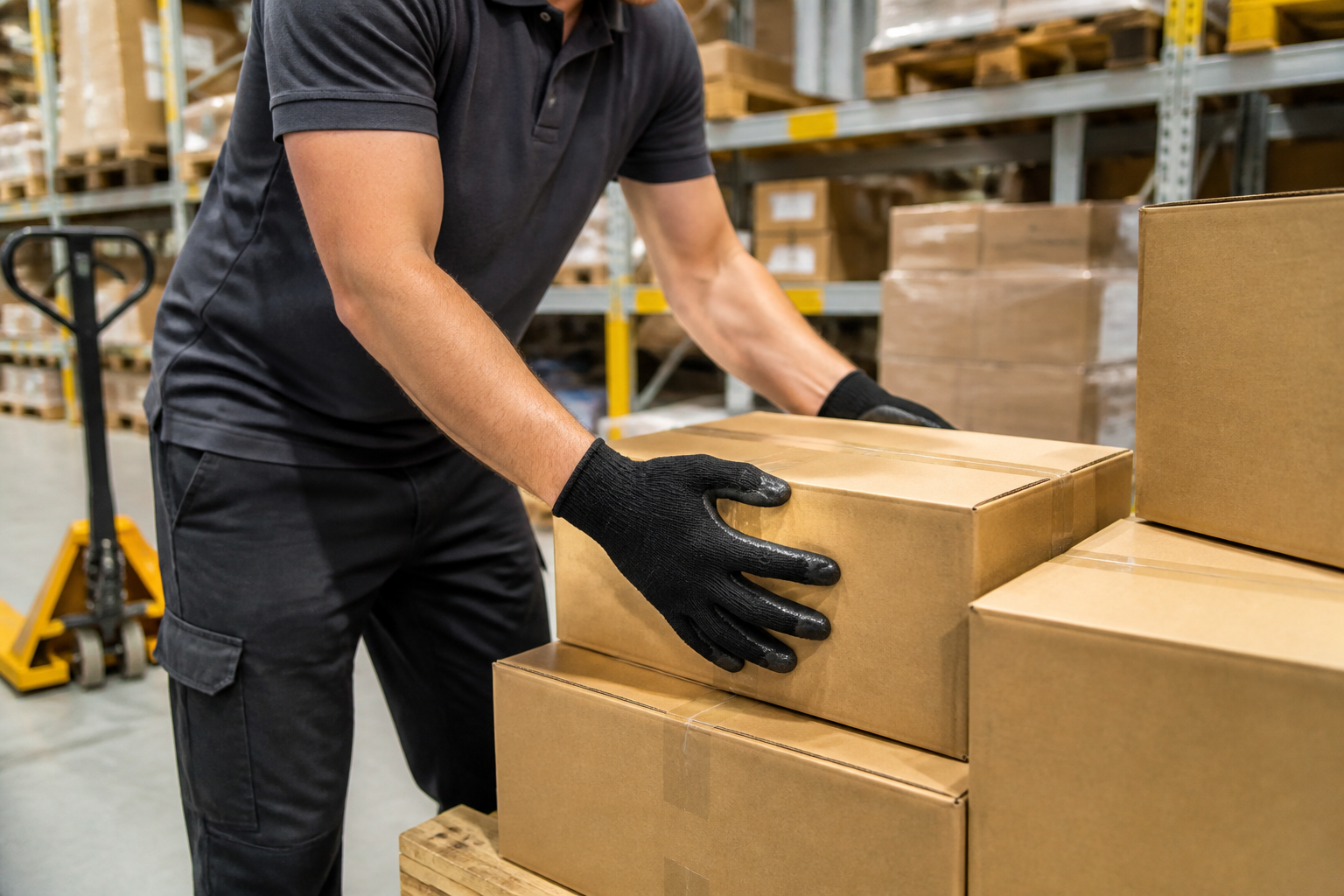 Warehouse worker wearing black gloves while handling cardboard boxes