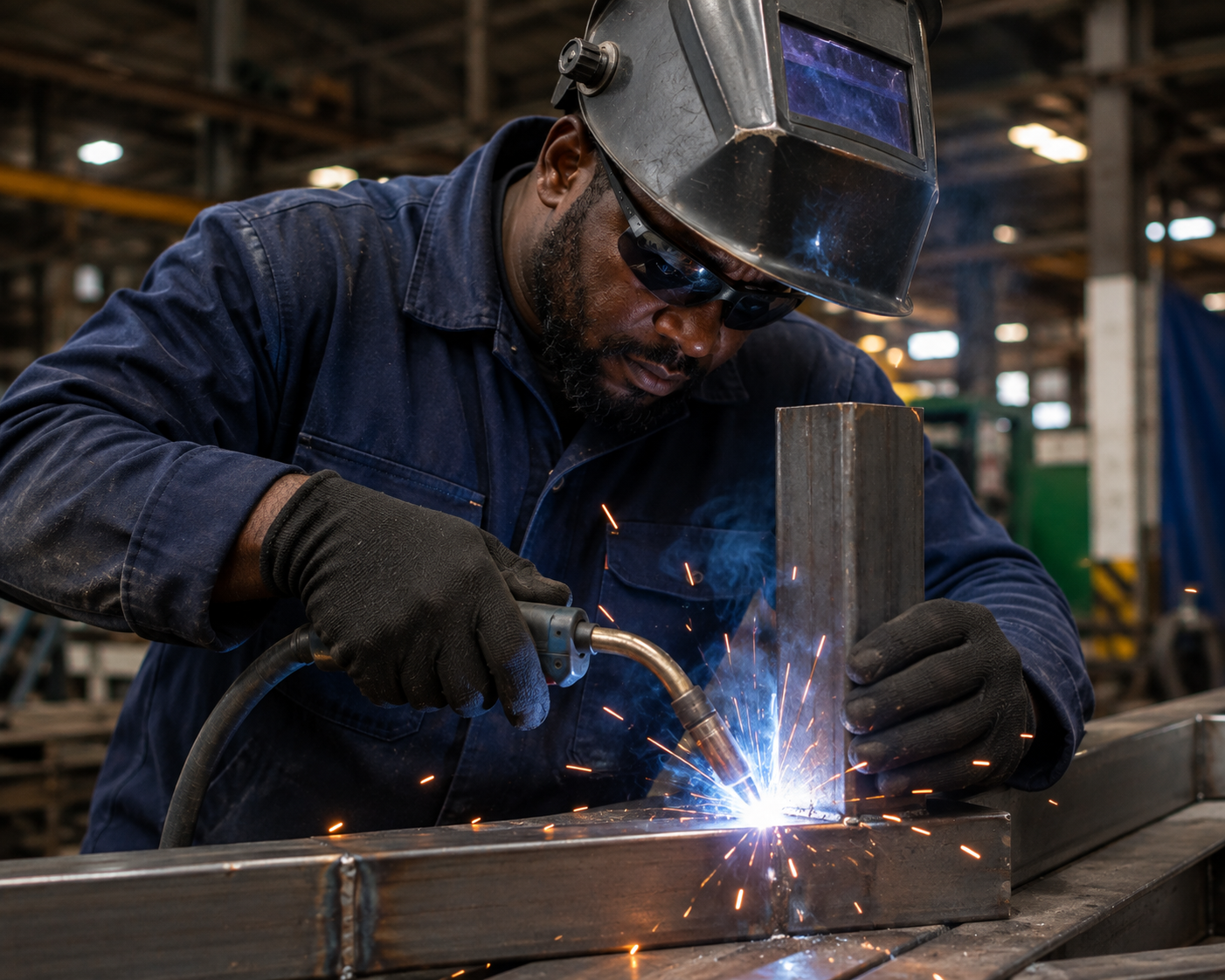 Worker wearing black gloves while welding metal